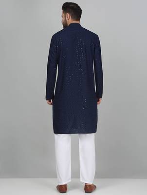 Men cotton embroidered sequined navy blue kurta 3