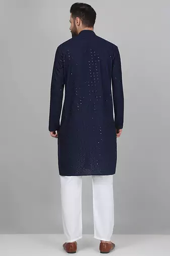 Men cotton embroidered sequined navy blue kurta