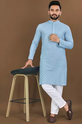 Sky embroidery work with sequence men's kurta and Pyjamas for Mens