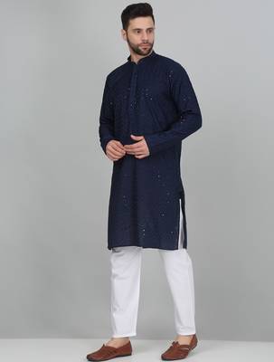 Men cotton embroidered sequined navy blue kurta 4