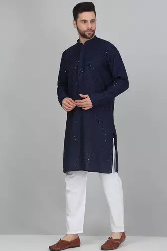 Men cotton embroidered sequined navy blue kurta