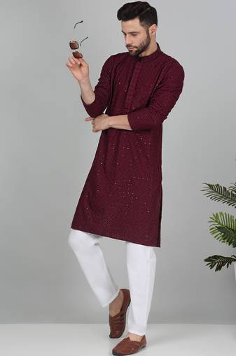 Men cotton embroidered sequined Red kurta