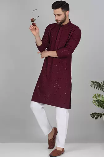 Men cotton embroidered sequined Red kurta