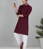 Men cotton embroidered sequined Wine kurta