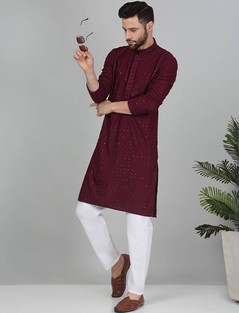 Men cotton embroidered sequined Red kurta