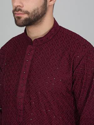 Men cotton embroidered sequined Wine kurta 2