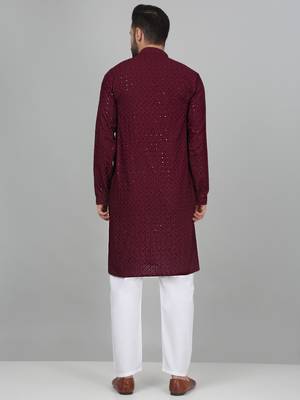 Men cotton embroidered sequined Wine kurta 3