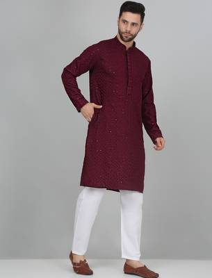 Men cotton embroidered sequined Wine kurta 4