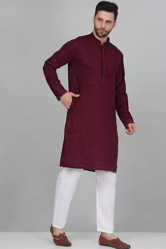 Men cotton embroidered sequined Wine kurta