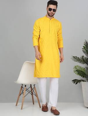 Men cotton embroidered sequined yellow kurta 1