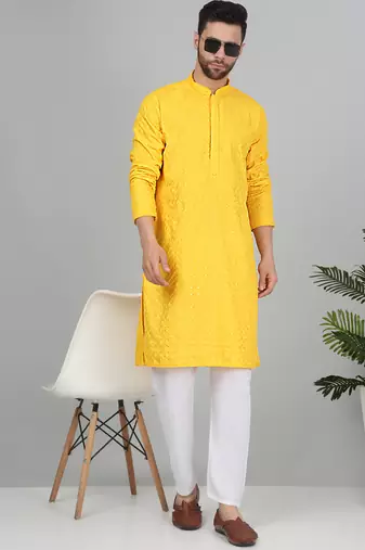 Men cotton embroidered sequined yellow kurta