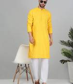 Men cotton embroidered sequined yellow kurta