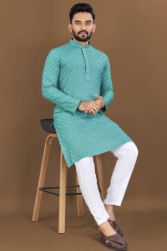Teal embroidery work with sequence men's kurta and Pyjamas for Mens