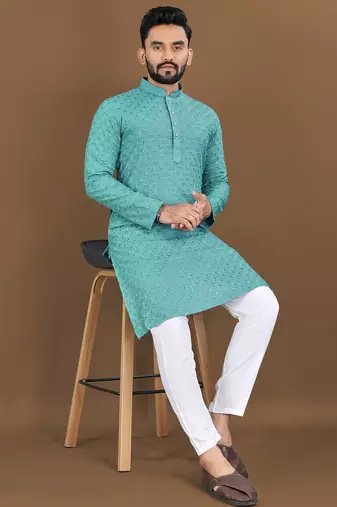 Teal embroidery work with sequence men's kurta and Pyjamas for Mens