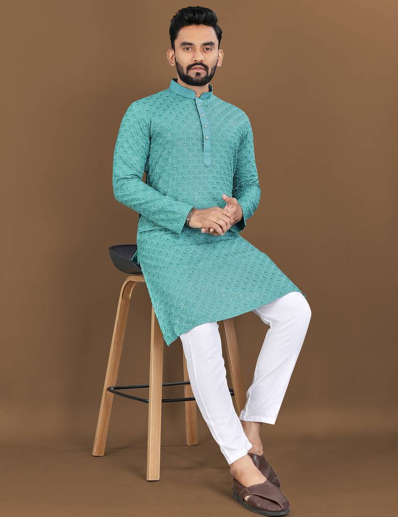 Teal embroidery work with sequence men's kurta and Pyjamas for Mens