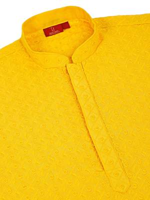 Men cotton embroidered sequined yellow kurta 5