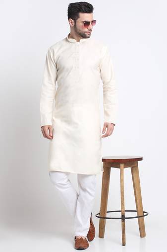 Men cream cotton knee length kurta