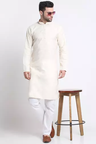 Men cream cotton knee length kurta