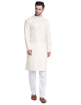 Men cream cotton knee length kurta 4
