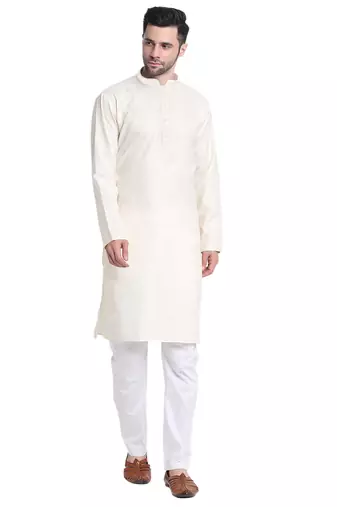 Men cream cotton knee length kurta