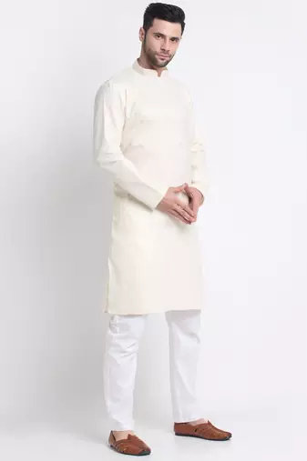 Men cream cotton knee length kurta