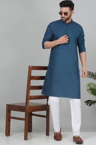 Men denim blue cotton knee length kurta