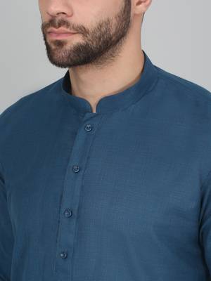 Men denim blue cotton knee length kurta 2