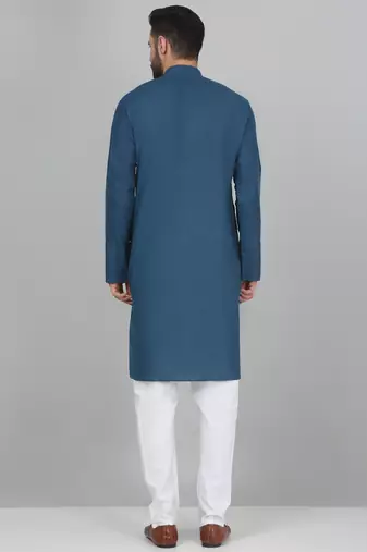 Men denim blue cotton knee length kurta