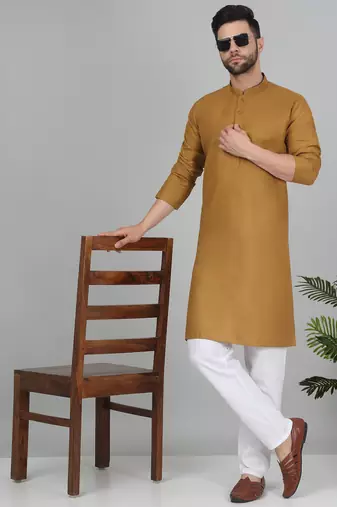 Men gold toned blue cotton knee length kurta