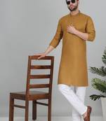 Men gold toned blue cotton knee length kurta