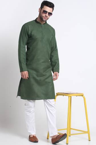 Men olive green cotton knee length kurta