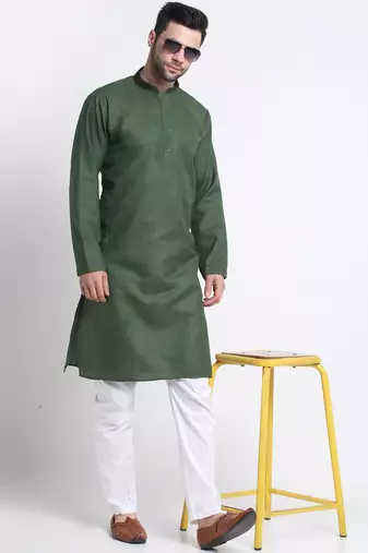 Men olive green cotton knee length kurta