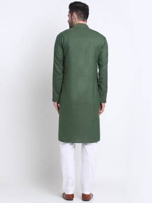 Men olive green cotton knee length kurta 3