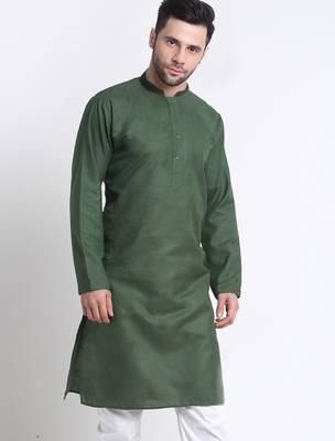 Men olive green cotton knee length kurta 5