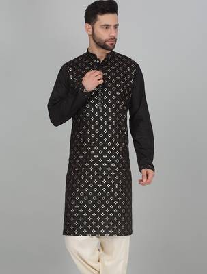 Cotton silk sequenced embroidered black kurta 1