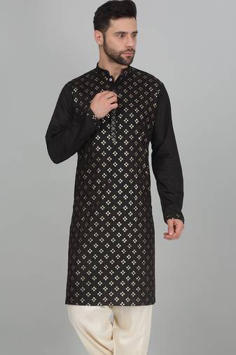 Cotton silk sequenced embroidered black kurta
