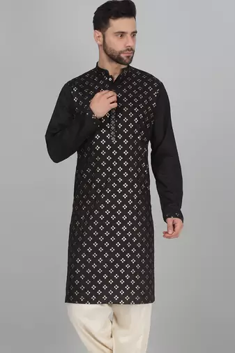 Cotton silk sequenced embroidered black kurta