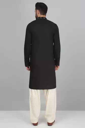 Cotton silk sequenced embroidered black kurta
