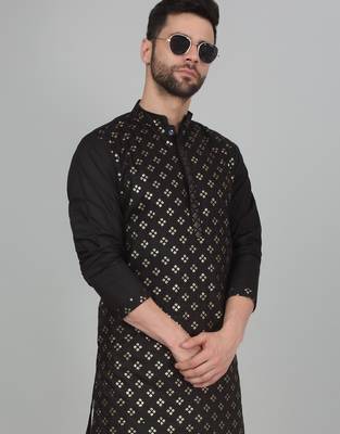 Cotton silk sequenced embroidered black kurta 4