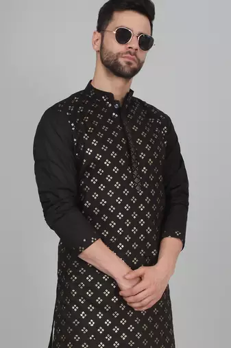 Cotton silk sequenced embroidered black kurta