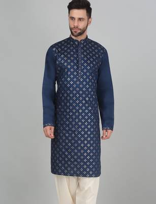 Cotton silk sequenced embroidered blue kurta 1