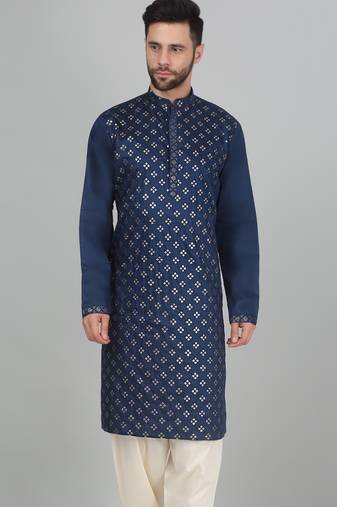 Cotton silk sequenced embroidered blue kurta