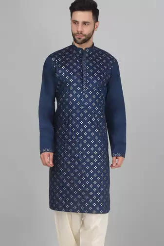 Cotton silk sequenced embroidered blue kurta