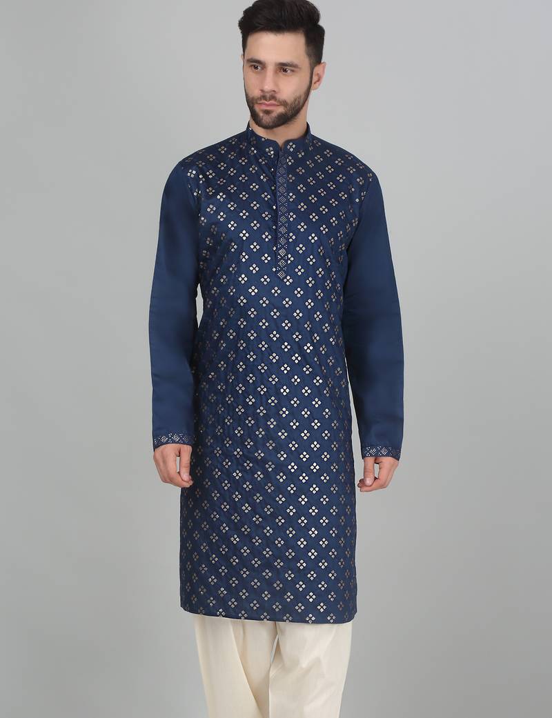 Cotton silk sequenced embroidered blue kurta