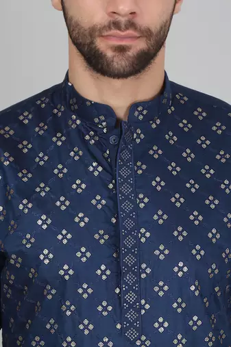 Cotton silk sequenced embroidered blue kurta