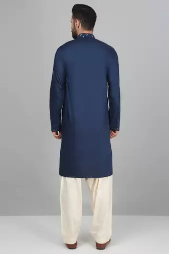Cotton silk sequenced embroidered blue kurta