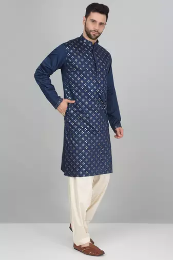 Cotton silk sequenced embroidered blue kurta