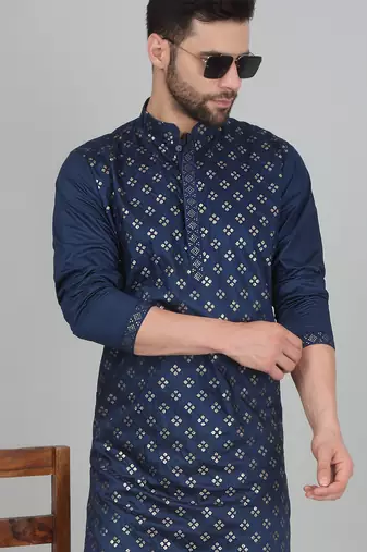 Cotton silk sequenced embroidered blue kurta