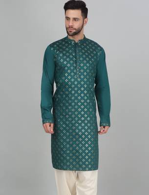 Cotton silk sequenced embroidered green kurta 1
