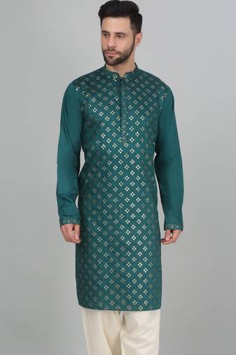 Cotton silk sequenced embroidered green kurta